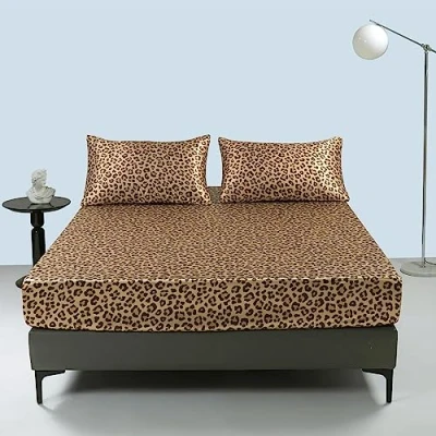Immagine di Damier Lenzuolo con angoli elasticizzati in raso, 180 x 200 cm, motivo leopardato, seta lucida, di alta qualità, adatto per materassi fino a 25 cm