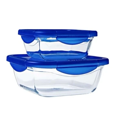 Immagine di Pyrex Cook &amp; Go Set di 2 Lunchbox quadrati, 0,8 l e 1,9 l, in vetro borosilicato, adatto per forno, microonde lavastoviglie, made France