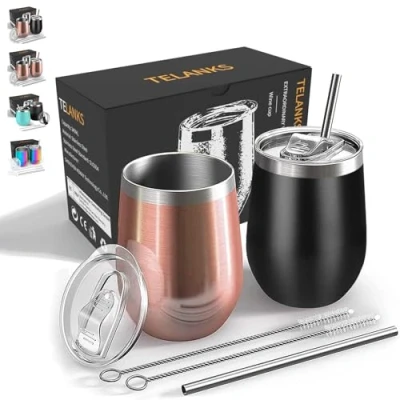 Immagine di 2 Pezzi Termos Caffè, 350 ml Tazza Termica da Viaggio in Acciaio Inox, Borraccia Double Insulated Termica, Riutilizzabile Bottiglia con Cannuccia Acciaio, BPA Free, Nero + Oro Rosa