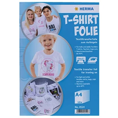 Immagine di HERMA 4524 Pellicola adesiva in tessuto per tessuti bianchi e chiari, 10 pezzi, formato A4, da personalizzare stampare, stampabile, stampante a getto d&#039;inchiostro