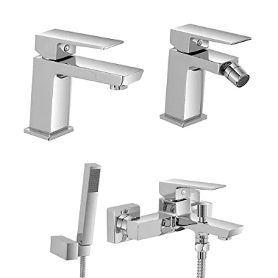 Immagine di Inbagno Set rubinetti miscelatori Lavabo Bidet e Vasca con Kit Doccia cromati, Scarico Incluso, Serie Kubo (Set Vasca)