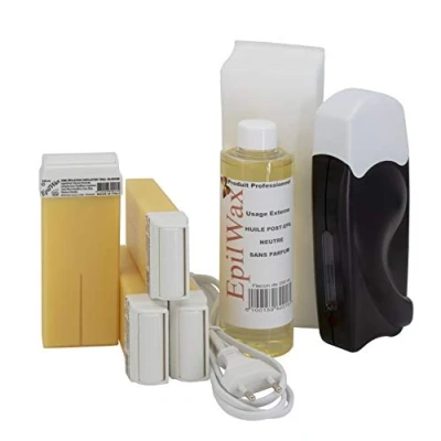 Immagine di Epilwax Kit Ceretta Completo per Depilazione con cera Include 4 Cartucce Roll on in bianca, Scaldacartucce, 100 strisce e olio cerante