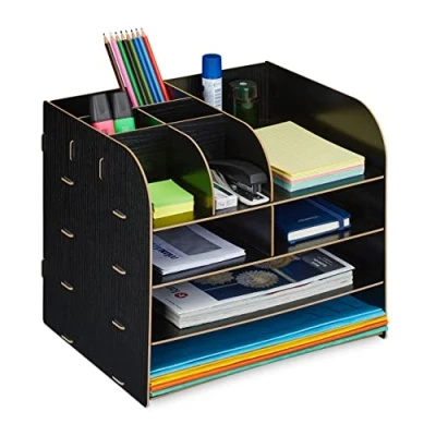 Immagine di Relaxdays Organizer da Scrivania con Portadocumenti, 10 Scomparti, HLP: 27,5x32,5x25 cm, Contenitore in MDF, Nero