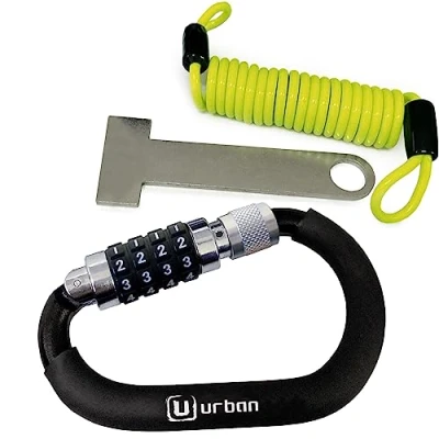 Immagine di URBAN UR140 Lucchetto per Casco Moto leggero, Moschettone Multiuso con Combinazione Codice di Sicurezza Kit Antifurto Gancio + Cavo Flessibile In Acciaio Adattatore