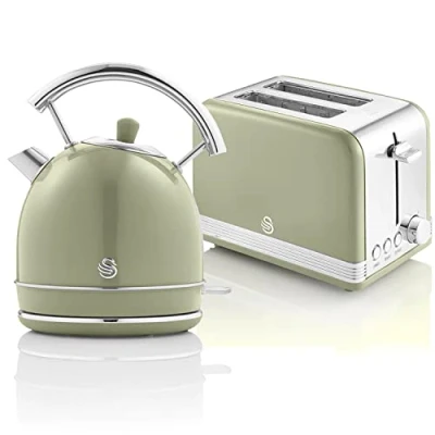Immagine di Swan Retro Colazione Set 1,8 L Bollitore Senza Fili con Elemento Riscaldante in Acciaio Inox, Tostapane a Fessura Larga 2 Fette, Regolatore di Tostatura 6 Livelli, Design Vintage, Verde STP7050GNEU