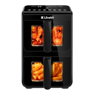 Immagine di LLIVEKIT 10L Friggitrice ad Aria a Doppia Strato, 9 in 1 con 2 Cestelli Verticali e Finestra di Visualizzazione, 90% Risparmio Olio, Funzione Smart Finish Sync Cook, 2460W, Riscaldamento, Nero