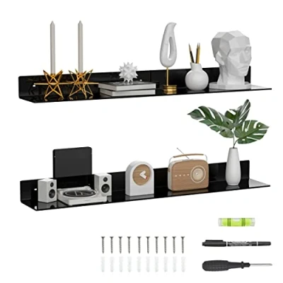 Immagine di Sezanrpt Set di 2 mensole lunghe da parete in acrilico, 91,5 cm, colore nero, montate a organizzatore per bottiglie, organizer, spezie, vino, giocattoli, controller, tazza