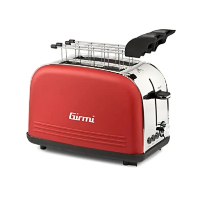 Immagine di Girmi TP57 Tostapane, 800 W, Corpo e pinze INOX, Ampie fessure, Timer, 8 livelli di cottura, Spegnimento automatico, Raccogli briciole, Rosso