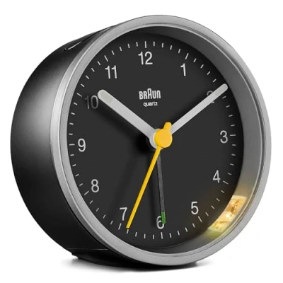 Immagine di Braun Classic Analogue Alarm Clock With Snooze And Light, Quiet Quartz Movement, Crescendo Beep Silver/Black BC12SB