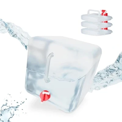 Immagine di relaxdays Tanica Pieghevole, Set 4 Contenitori, Rubinetto,Coperchio Svitabile, Manico, BPA free, 20 L, trasparente/rosso