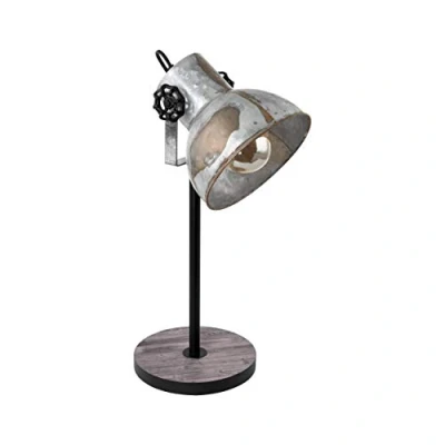 Immagine di EGLO Barnstaple lampada da tavolo vintage dal design industriale, comodino retrò in acciaio effetto zinco, usato, legno, ruggine, nero, attacco: E27, interruttore incluso