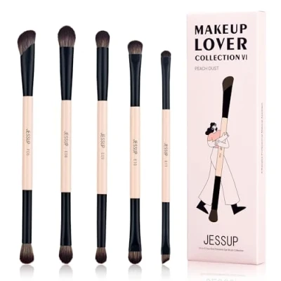 Immagine di Jessup pennelli trucco make up Pennello ombretto doppia estremità 10 in 5 contouring sfumatura eyeliner ombretto, set precisione occhi fibra vegana Peach Dust T509