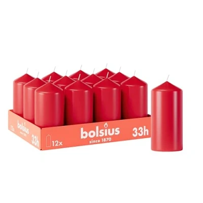 Immagine di Bolsius candele a pilastro lisce, colore rosso, 12 pezzi, x 7 cm, decorative per la casa, durata 33 ore, non profumate, contiene cera vegetale naturale, senza olio di palma
