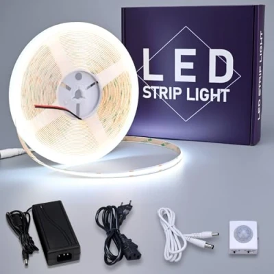 Immagine di GOMING 24V 10M Striscia LED COB con Sensore di Movimento Bianco Freddo 6000K Strisce 3A Alimentatore IP20 Non Impermeabile CRI 93+ per Mobili Cucina da Scala Vetrina Camera Letto