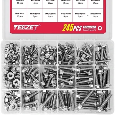 Immagine di Kit di Bulloni e Dadi Flangiati Pesanti da 245 Pezzi M6 M8 M10, in Acciaio Inossidabile 304. Include 15 Dimensioni Più Comuni.