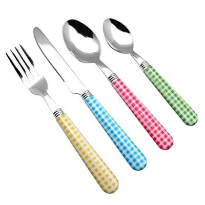 Immagine di EXZACT Posate in acciaio inox 24 pezzi Motivo a quadretti/Maniglie colorate 6 x Forchette, Coltelli, Cucchiai Cena, Cucchiaini (24 Colori assortiti)