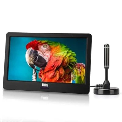 Immagine di August DA900D Televisore Portatile LCD 9 Analogica TV DVB T T2 /HEVC H.265 Digitale Supporta HDMI IN /Media Player /PVR Ideale per Camera/ Cucina/ Caravan 2400mAh Batteria Ricaricabile