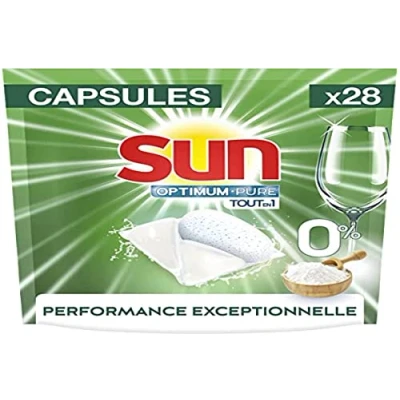 Immagine di Sun Capsule per lavastoviglie Optimum Pure tutto in 1% x 28, 0% coloranti, fosfati e profumi, stoviglie brillanti Impeccabile, ingredienti naturali, pulizia lucentezza, 28 pastiglie