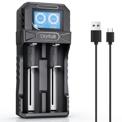 Immagine di Dlyfull 18650, caricatore universale per batteria agli ioni di litio da 3,7 V, portatile USB C con display LCD 18650 21700 26650 18500 18350 17670 17500 16340 ect. 2 scomparti