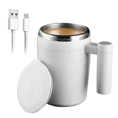 Immagine di tazza auto commovente: 380 ml, da caffè elettrica automatica magnetica in acciaio inox con coperchio, per caffè, tè, succhi di frutta, latte, cacao (bianco)