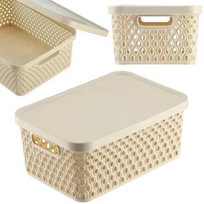 Immagine di KADAX Cesto portaoggetti con coperchio, contenitore in plastica, fori di ventilazione (4,5 l, beige)