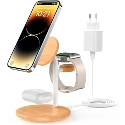 Immagine di stazione di ricarica Mag Safe, 3 in 1 Apple Watch con induttiva compatibile iPhone 15 14 13, AirPods 3/2/Pro