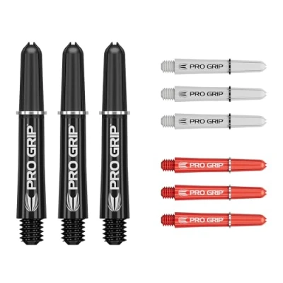 Immagine di Target Darts PRO Grip Shafts Set di 9 3 Colori, Nero/Bianco/Rosso Corto, 34mm steli per Freccette, Accessori Professionali Multipack Alberi 2BA con Anelli
