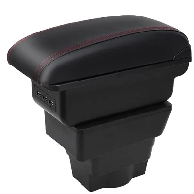 Immagine di Auto Braccioli per Astra J Doppio Strato Scatola Portaoggetti Console Centrale Interna with 3 USB Charging Port Nero con cuciture rosse