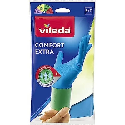 Immagine di &quot;Vileda Comfort Extra, guanti casalinghi confortevoli, in lattice, design ergonomico, molto assorbente, rivestimento interno Plus, tre misure: S M L, confezione da 1 pz&quot;
