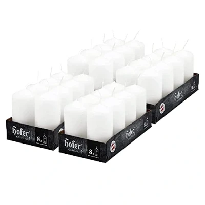 Immagine di Hofer Candele Bianche a Colonna 4,5 x 9 cm Set di 32 Piccole Decorative Cilindriche Colore Bianco Lunga Durata 12 Ore Cera Antigoccia Non Profumate Prodotte in Austria