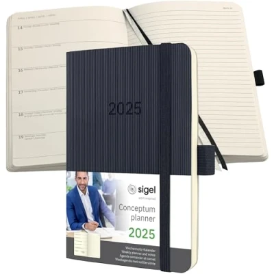 Immagine di SIGEL C2525 Conceptum Agenda taccuino settimanale 2025, circa A6, nero, copertina flessibile, 2 pagine = a manca settimana/a dritta appunti, 176