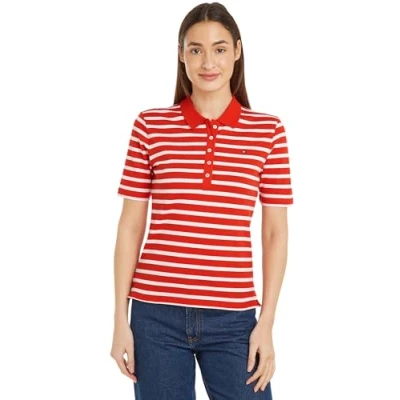 Immagine di Tommy Hilfiger Maglietta Polo Maniche Corte Donna 1985 Pique Stripe Regular Fit, Multicolore (Breton Fierce Red/Ecru), M