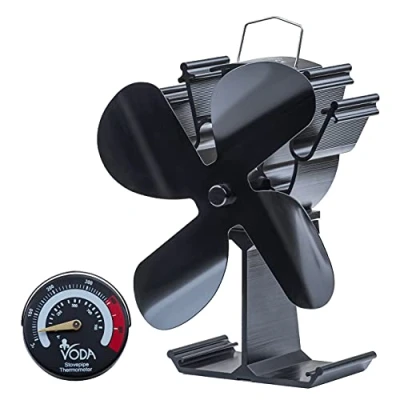 Immagine di HAWCAFU Ventilatore a legna alimentato calore con termometro magnetico 4 lame riscaldatore stufa ventilatori in alluminio silenzioso economico per bruciatore nero