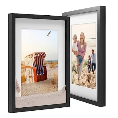 Immagine di PHOTOLINI 3D cornici 30x40 cm nero, cornice profonda con vetro e passe partout, set di 2 per oggetti fino a 1,5 profondità, legno MDF perfetta il fai da te come regalo