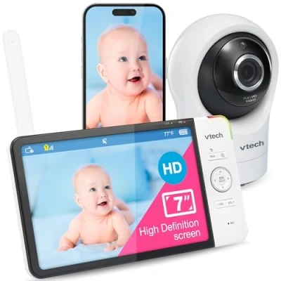 Immagine di VTech RM7764HD Baby Monitor Video e Audio 1080p WiFi ad accesso remoto, 7&quot; Telecamera Neonato con Schermo visione notturna HD, suoni rilassanti, conversazione a due vie, sensore di temperatura
