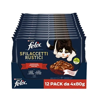 Immagine di Purina Felix Sfilaccetti Rustici Cibo Umido per Gatti con Manzo e Pollo, 48 buste da 80g