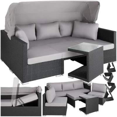 Immagine di TecTake® Lounge in Rattan, Resistente ai Raggi UV, Divano con Parasole Ripiegabile, Schienale Regolabile, Tavolino da Giardino, Componibile, Cuscini per Esterno Nero