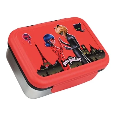 Immagine di Fun House Miraculous 006086 Ladybug Contenitore per merenda in acciaio INOX bambini, altezza 6,5 x larghezza 17 profondità 13,5 cm, colore: Rosso