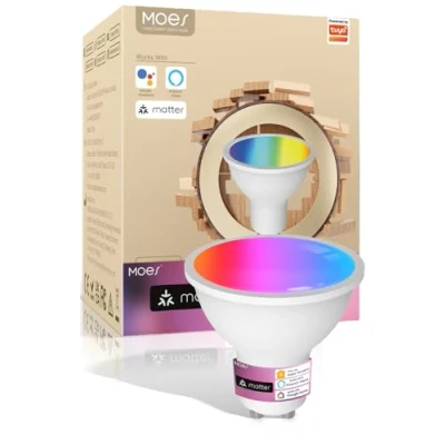 Immagine di MOES Lampadina Intelligente Matter GU10, Luce LED RGB WLAN, Dimmerabile, Bianco Caldo 2700K 6500K e Freddo, Musica Sincronizzata, Colore 16M, compatibile con Apple HomeKit Alexa, Google Home