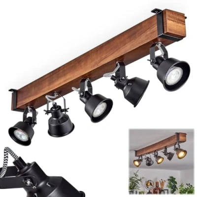 Immagine di plafoniera Safari, moderna lampada da soffitto in metallo/legno, colore nero/marrone scuro, dal design industriale con schermi regolabili, 5 luci, lampadine GU10 senza lampadina