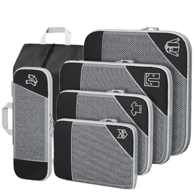 Immagine di SINZUX Set di 6 Organizer Valigia Salvaspazio, Ultraleggero Estensibile Compression Packing Cubes Viaggio, Nero Compressione Organizzatori Viaggio Divisori per Viaggiare