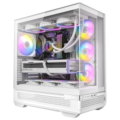 Immagine di Antec C7 ARGB White, supporto GPU RTX 40, 4 ventole PWM da 120 mm incluse, raffreddamento verticale, tipo C 10 Gbps, pannelli frontali e laterali in vetro temperato senza cuciture,