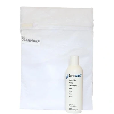 Immagine di detersivo per lana concentrato Tenemoll liquido con rete bucato Olanmarp, detergente universale lavaggio a mano e in lavatrice, liquido, delicato (240 ml)