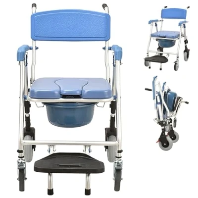 Immagine di VFDZ Sedia da Doccia per Anziani, a Rotelle con WC, Comoda WC Anziani Pieghevole, Morbido Cuscino + Poggiapiedi Blu