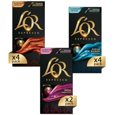 Immagine di L&#039;Or Capsule Caffè Espresso Confezione Mista Variety Pack Origini in Alluminio Compatibili Nespresso®* original 10 Pacchetti [100 Capsule: 40 Colombia, Papua New Guinea, 20 India]