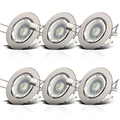 Immagine di B.K.Licht faretti LED da incasso orientabili e dimmerabili, include lampadine GU10 5W, diametro foro 68mm, set di 6, interno, corpo metallo color nickel opaco, 230V, IP23
