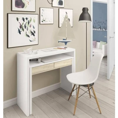 Immagine di Dmora Scrivania consolle Due cassetti, cm 88 x 99 36 (Estensibile Fino a 66 cm), Colore, Bianco e Rovere