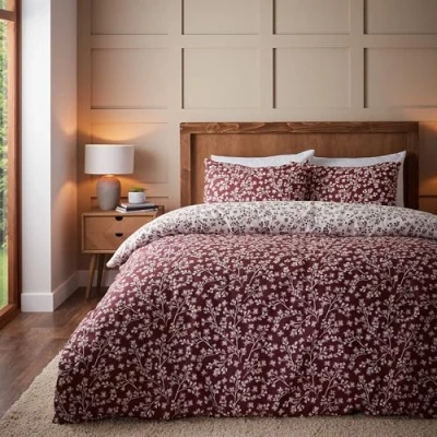 Immagine di Catherine Lansfield Set copripiumino singolo reversibile in cotone spazzolato Grace floreale foglia rosso