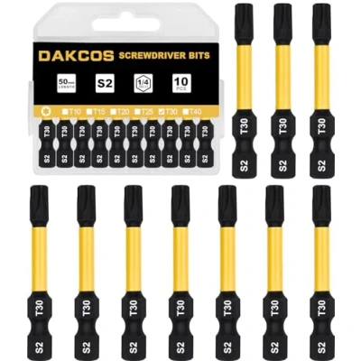 Immagine di DAKCOS T30 Bit lunghi, Torx T30, assortimento di punte S2, attacco esagonale da 1/4&quot; (lunghezza 50 mm, 10 pezzi)