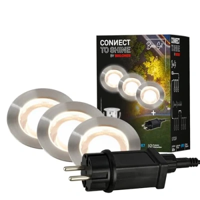 Immagine di Briloner Sistema da giardino Connect to Shine 12V, set di 3 faretti incasso a LED, base con trasformatore, IP67, luce bianca calda, illuminazione giardino, 30x26 mm, colore argento